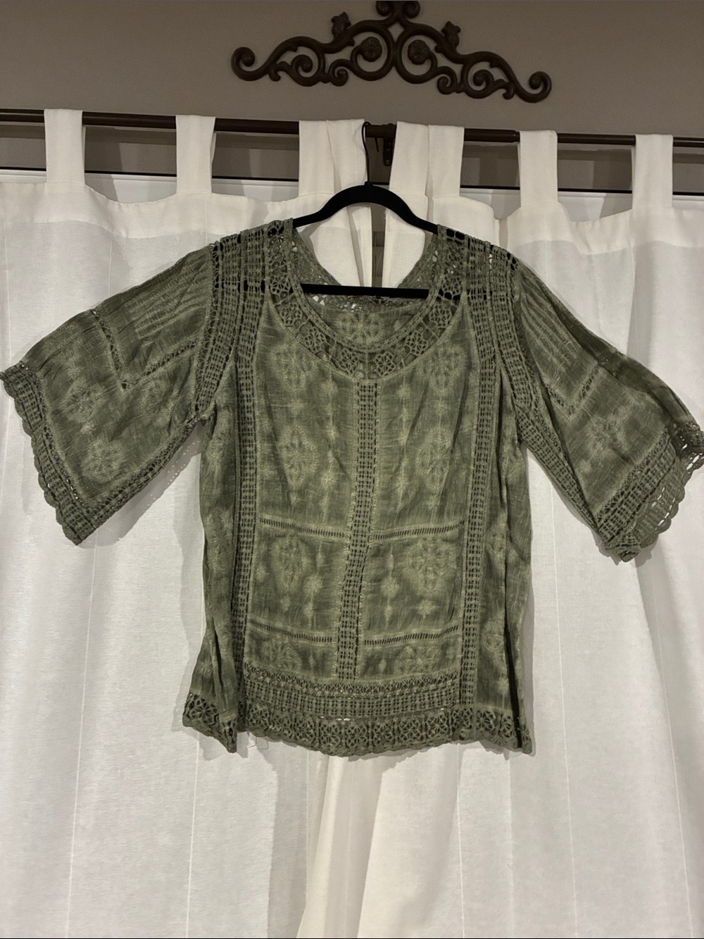 Democracy Olive Green Crochet Panel Scoop Neck Tunic